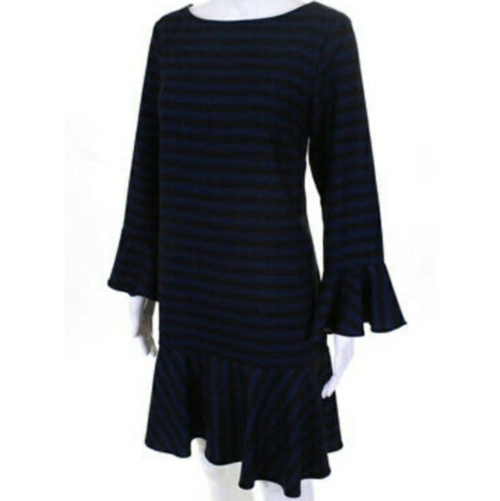 Sail To Sable Blue/Black Striped Flounce Dress
